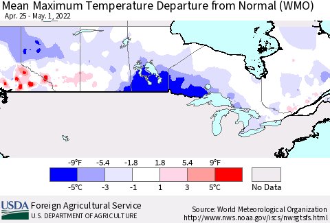 Canada Mean Maximum Temperature Departure from Normal (WMO) Thematic Map For 4/25/2022 - 5/1/2022