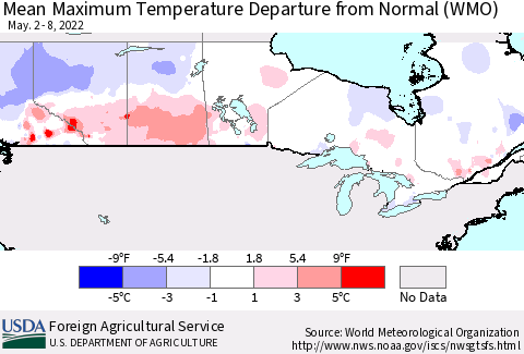 Canada Mean Maximum Temperature Departure from Normal (WMO) Thematic Map For 5/2/2022 - 5/8/2022