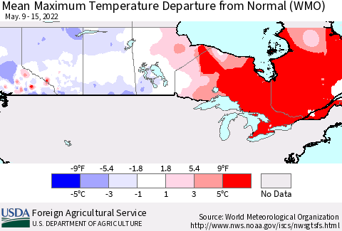 Canada Mean Maximum Temperature Departure from Normal (WMO) Thematic Map For 5/9/2022 - 5/15/2022