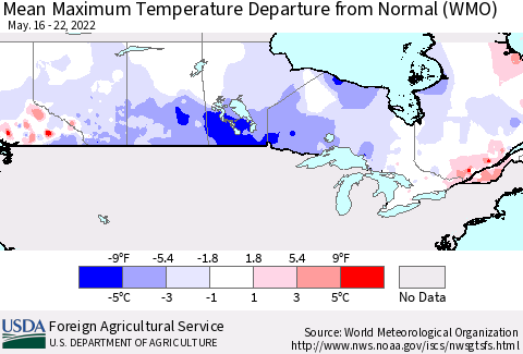 Canada Mean Maximum Temperature Departure from Normal (WMO) Thematic Map For 5/16/2022 - 5/22/2022