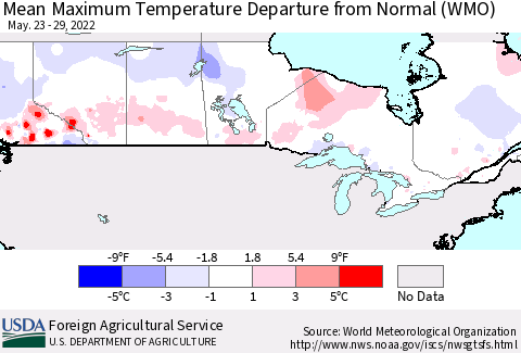 Canada Mean Maximum Temperature Departure from Normal (WMO) Thematic Map For 5/23/2022 - 5/29/2022