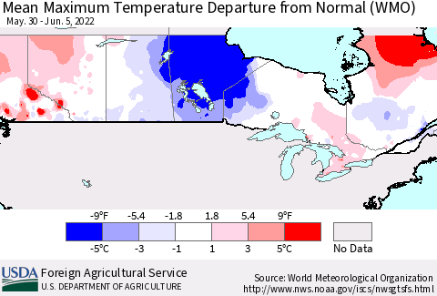 Canada Mean Maximum Temperature Departure from Normal (WMO) Thematic Map For 5/30/2022 - 6/5/2022
