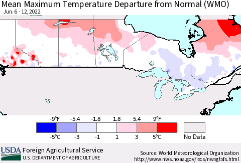 Canada Mean Maximum Temperature Departure from Normal (WMO) Thematic Map For 6/6/2022 - 6/12/2022