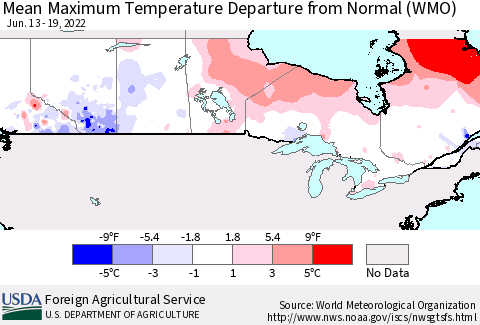 Canada Mean Maximum Temperature Departure from Normal (WMO) Thematic Map For 6/13/2022 - 6/19/2022