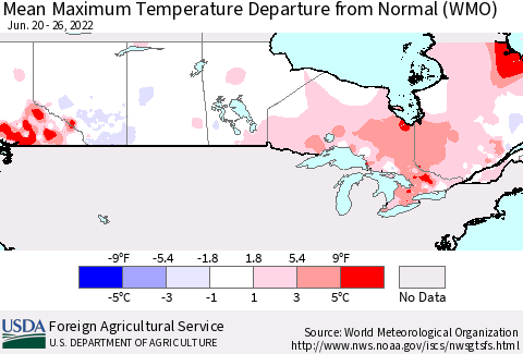 Canada Mean Maximum Temperature Departure from Normal (WMO) Thematic Map For 6/20/2022 - 6/26/2022