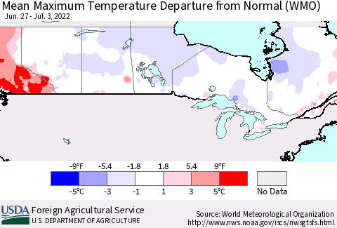 Canada Mean Maximum Temperature Departure from Normal (WMO) Thematic Map For 6/27/2022 - 7/3/2022
