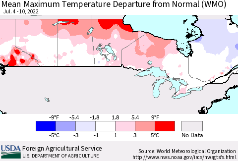 Canada Mean Maximum Temperature Departure from Normal (WMO) Thematic Map For 7/4/2022 - 7/10/2022