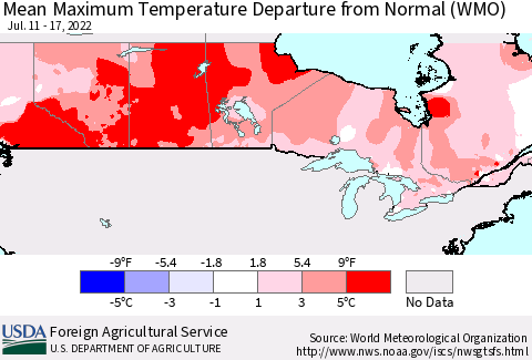 Canada Mean Maximum Temperature Departure from Normal (WMO) Thematic Map For 7/11/2022 - 7/17/2022