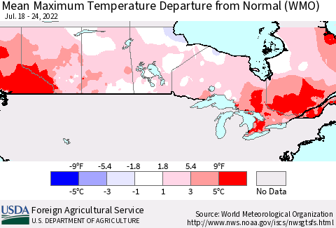 Canada Mean Maximum Temperature Departure from Normal (WMO) Thematic Map For 7/18/2022 - 7/24/2022
