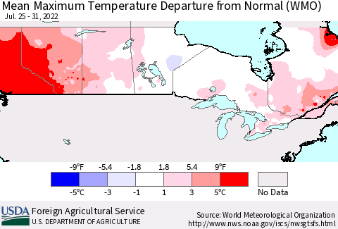 Canada Mean Maximum Temperature Departure from Normal (WMO) Thematic Map For 7/25/2022 - 7/31/2022