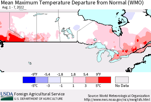 Canada Mean Maximum Temperature Departure from Normal (WMO) Thematic Map For 8/1/2022 - 8/7/2022