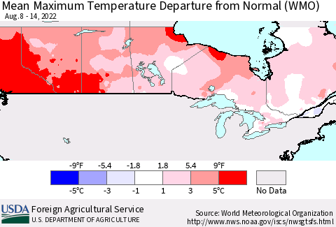 Canada Mean Maximum Temperature Departure from Normal (WMO) Thematic Map For 8/8/2022 - 8/14/2022