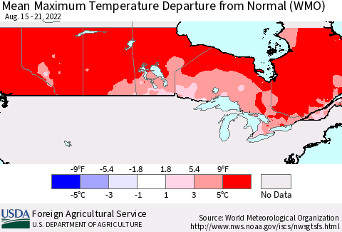 Canada Mean Maximum Temperature Departure from Normal (WMO) Thematic Map For 8/15/2022 - 8/21/2022