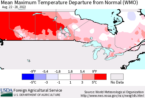 Canada Mean Maximum Temperature Departure from Normal (WMO) Thematic Map For 8/22/2022 - 8/28/2022