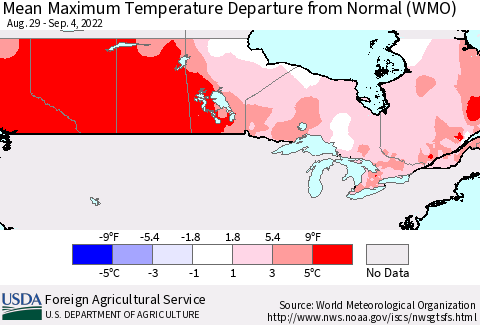 Canada Mean Maximum Temperature Departure from Normal (WMO) Thematic Map For 8/29/2022 - 9/4/2022