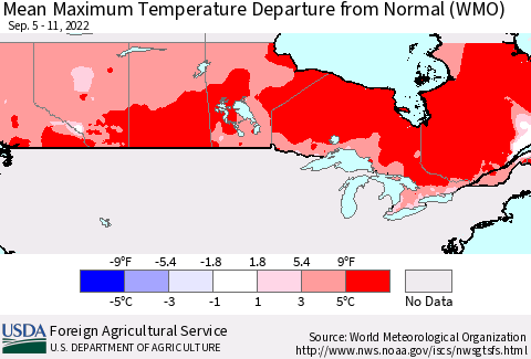 Canada Mean Maximum Temperature Departure from Normal (WMO) Thematic Map For 9/5/2022 - 9/11/2022