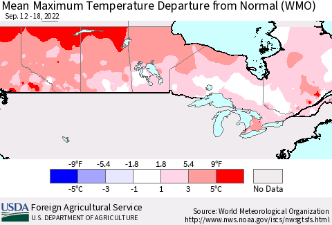 Canada Mean Maximum Temperature Departure from Normal (WMO) Thematic Map For 9/12/2022 - 9/18/2022