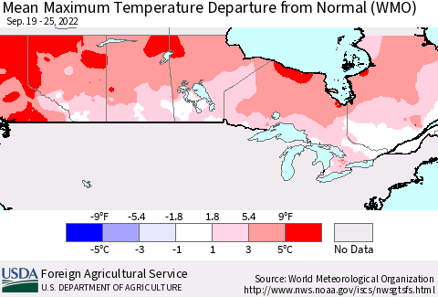 Canada Mean Maximum Temperature Departure from Normal (WMO) Thematic Map For 9/19/2022 - 9/25/2022