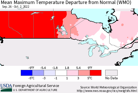 Canada Mean Maximum Temperature Departure from Normal (WMO) Thematic Map For 9/26/2022 - 10/2/2022