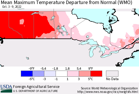 Canada Mean Maximum Temperature Departure from Normal (WMO) Thematic Map For 10/3/2022 - 10/9/2022