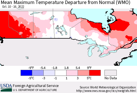 Canada Mean Maximum Temperature Departure from Normal (WMO) Thematic Map For 10/10/2022 - 10/16/2022
