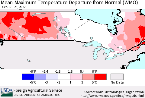 Canada Mean Maximum Temperature Departure from Normal (WMO) Thematic Map For 10/17/2022 - 10/23/2022