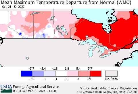 Canada Mean Maximum Temperature Departure from Normal (WMO) Thematic Map For 10/24/2022 - 10/30/2022