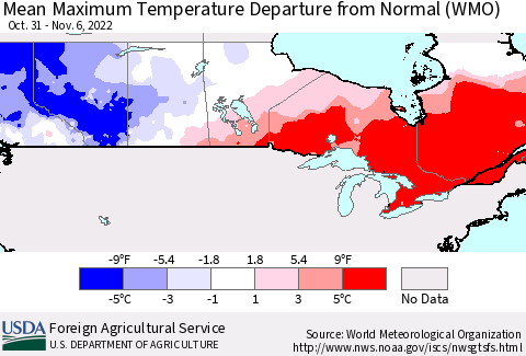 Canada Mean Maximum Temperature Departure from Normal (WMO) Thematic Map For 10/31/2022 - 11/6/2022