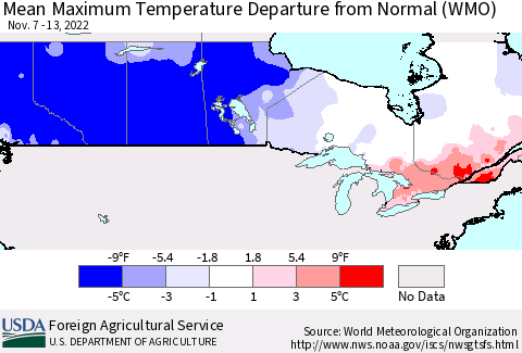 Canada Mean Maximum Temperature Departure from Normal (WMO) Thematic Map For 11/7/2022 - 11/13/2022