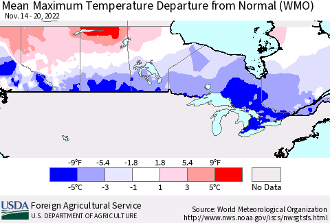 Canada Mean Maximum Temperature Departure from Normal (WMO) Thematic Map For 11/14/2022 - 11/20/2022