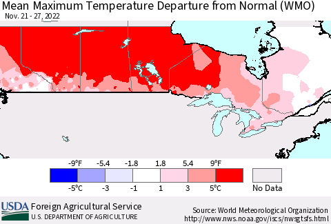 Canada Mean Maximum Temperature Departure from Normal (WMO) Thematic Map For 11/21/2022 - 11/27/2022