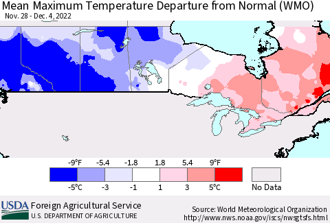 Canada Mean Maximum Temperature Departure from Normal (WMO) Thematic Map For 11/28/2022 - 12/4/2022