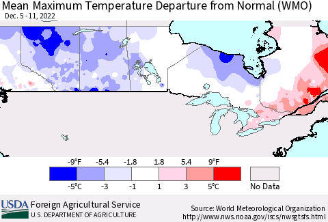 Canada Mean Maximum Temperature Departure from Normal (WMO) Thematic Map For 12/5/2022 - 12/11/2022