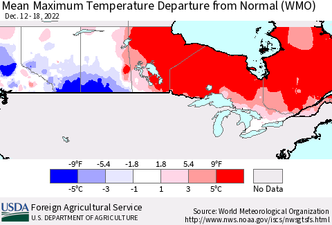Canada Mean Maximum Temperature Departure from Normal (WMO) Thematic Map For 12/12/2022 - 12/18/2022