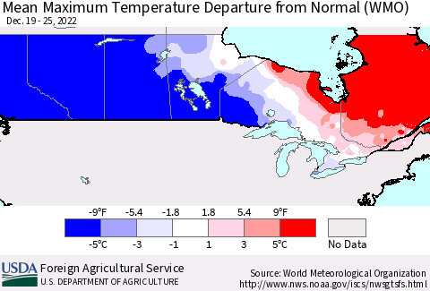 Canada Mean Maximum Temperature Departure from Normal (WMO) Thematic Map For 12/19/2022 - 12/25/2022