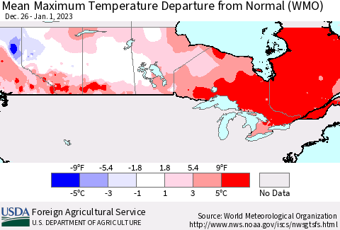 Canada Mean Maximum Temperature Departure from Normal (WMO) Thematic Map For 12/26/2022 - 1/1/2023