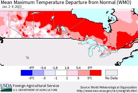 Canada Mean Maximum Temperature Departure from Normal (WMO) Thematic Map For 1/2/2023 - 1/8/2023
