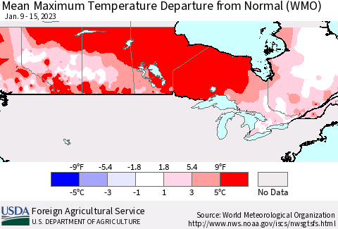 Canada Mean Maximum Temperature Departure from Normal (WMO) Thematic Map For 1/9/2023 - 1/15/2023
