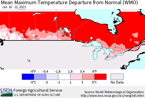Canada Mean Maximum Temperature Departure from Normal (WMO) Thematic Map For 1/16/2023 - 1/22/2023