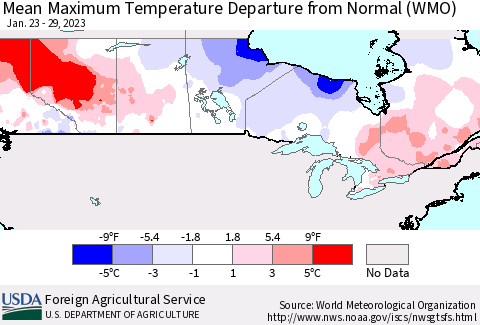 Canada Mean Maximum Temperature Departure from Normal (WMO) Thematic Map For 1/23/2023 - 1/29/2023