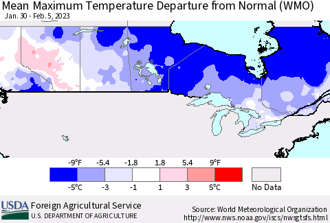 Canada Mean Maximum Temperature Departure from Normal (WMO) Thematic Map For 1/30/2023 - 2/5/2023