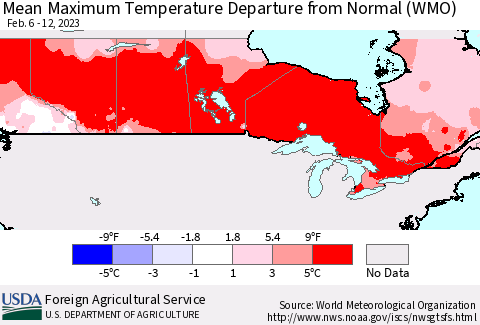 Canada Mean Maximum Temperature Departure from Normal (WMO) Thematic Map For 2/6/2023 - 2/12/2023
