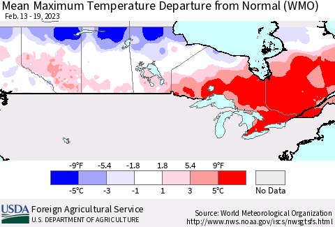 Canada Mean Maximum Temperature Departure from Normal (WMO) Thematic Map For 2/13/2023 - 2/19/2023