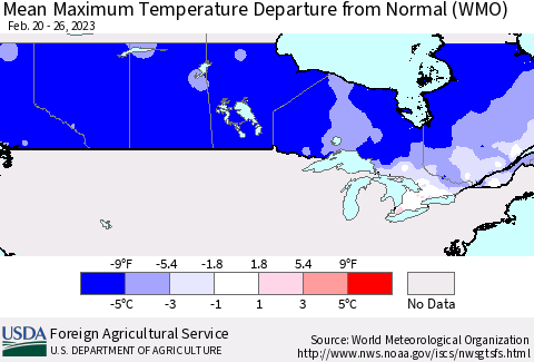 Canada Mean Maximum Temperature Departure from Normal (WMO) Thematic Map For 2/20/2023 - 2/26/2023