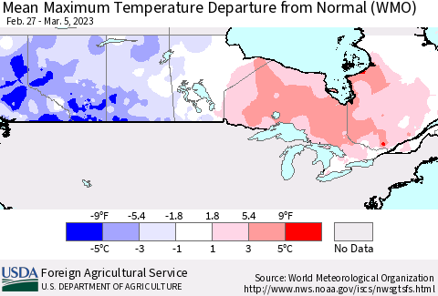 Canada Mean Maximum Temperature Departure from Normal (WMO) Thematic Map For 2/27/2023 - 3/5/2023