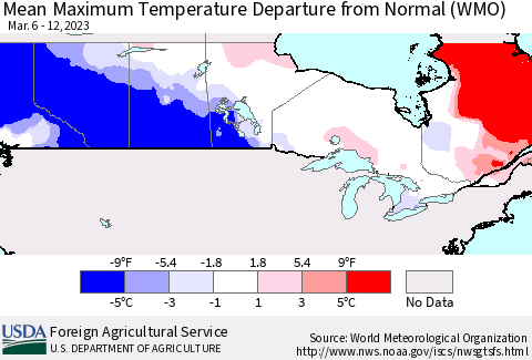 Canada Mean Maximum Temperature Departure from Normal (WMO) Thematic Map For 3/6/2023 - 3/12/2023