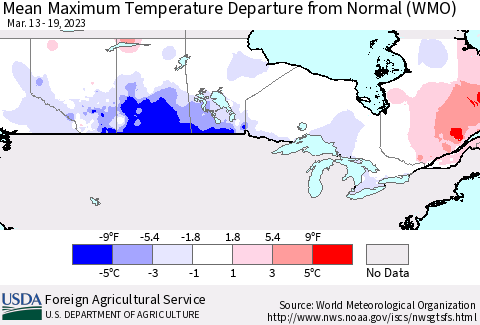 Canada Mean Maximum Temperature Departure from Normal (WMO) Thematic Map For 3/13/2023 - 3/19/2023