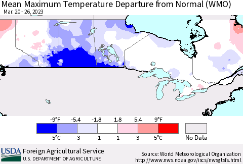 Canada Mean Maximum Temperature Departure from Normal (WMO) Thematic Map For 3/20/2023 - 3/26/2023