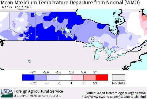 Canada Mean Maximum Temperature Departure from Normal (WMO) Thematic Map For 3/27/2023 - 4/2/2023