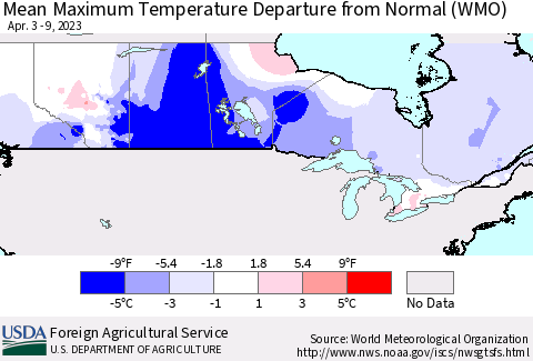 Canada Mean Maximum Temperature Departure from Normal (WMO) Thematic Map For 4/3/2023 - 4/9/2023